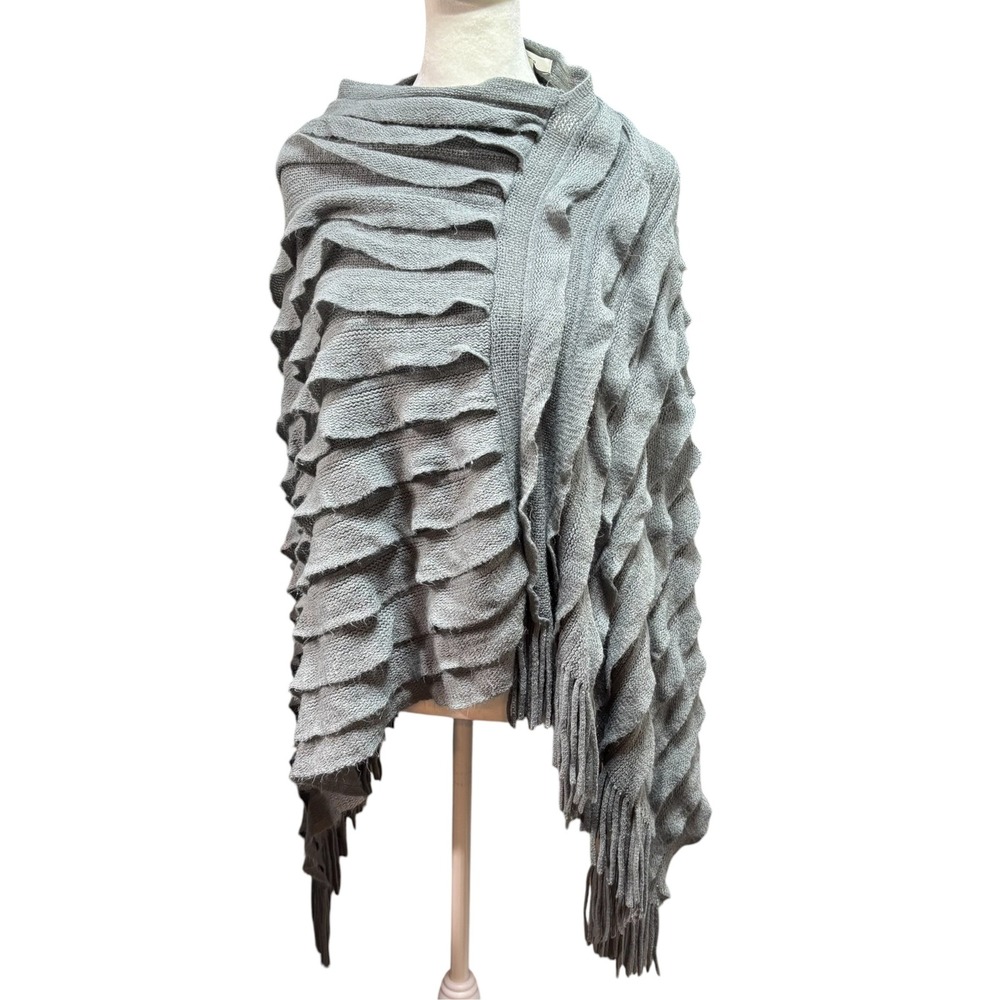 Max Studio Gray Ruffle Knit Poncho Fringe Trim Wrap Sweater XS S